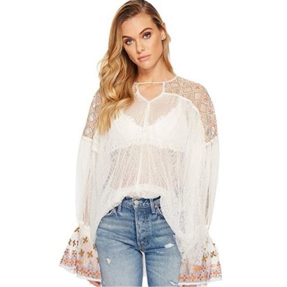 Free People White Embroidered Lace Joyride Blouse Top S - Picture 1 of 10